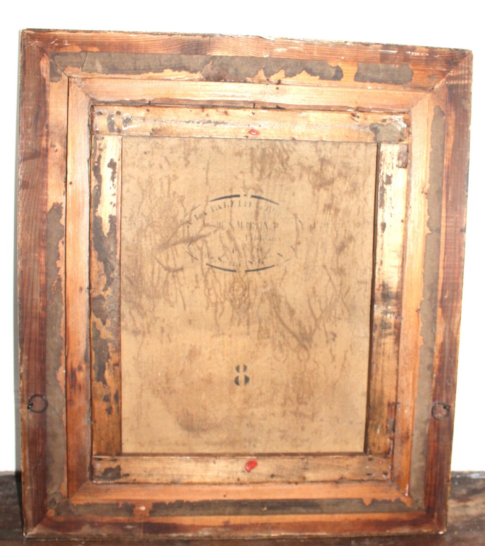 An 18th-century oil painting depicting the Virgin Mary with downcast eyes and folded hands, set within a moulded gilt wood frame. View V