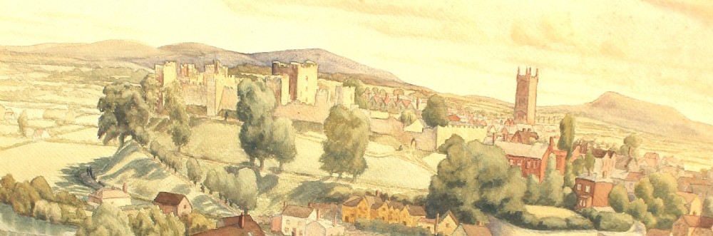 A framed 1930s watercolour painting depicting Dinham Bridge crossing a river with Ludlow Castle and town visible on the hill in the background. View VII
