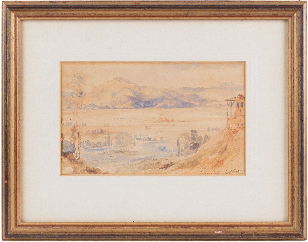 A framed early 19th-century watercolour landscape depicting a mountain valley titled Islamabad, Vale of Cashmere.