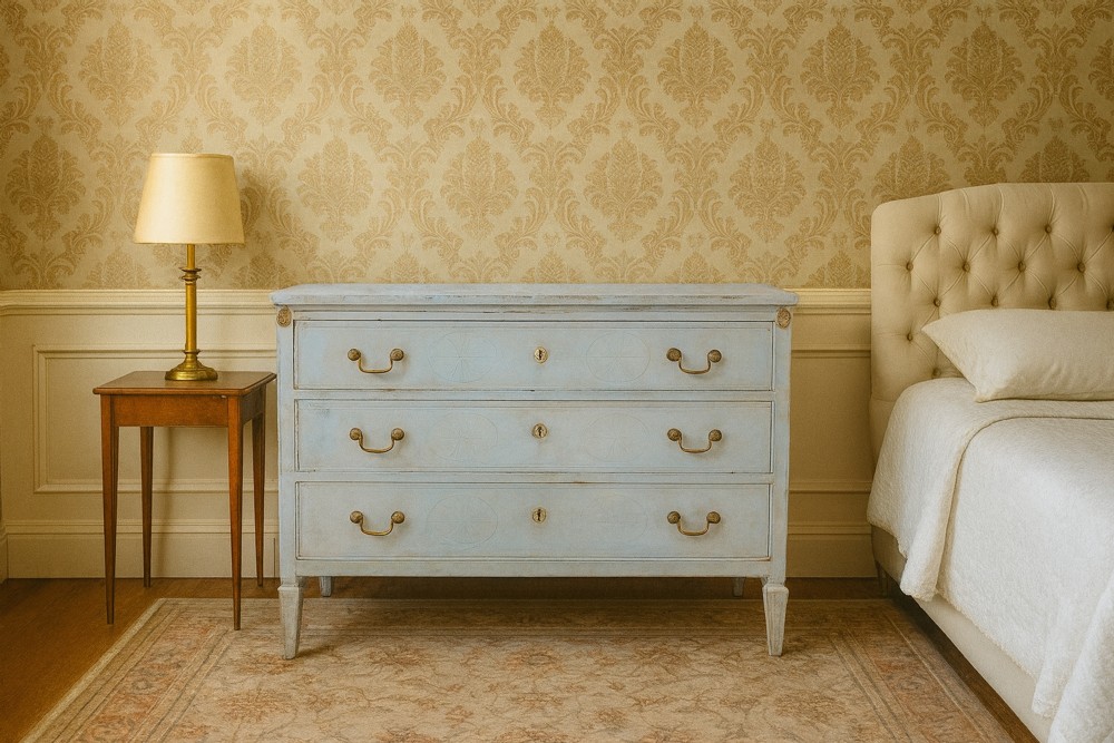 An 18th-century Gustavian light blue painted chest of drawers featuring three long drawers with brass handles and tapered fluted legs.