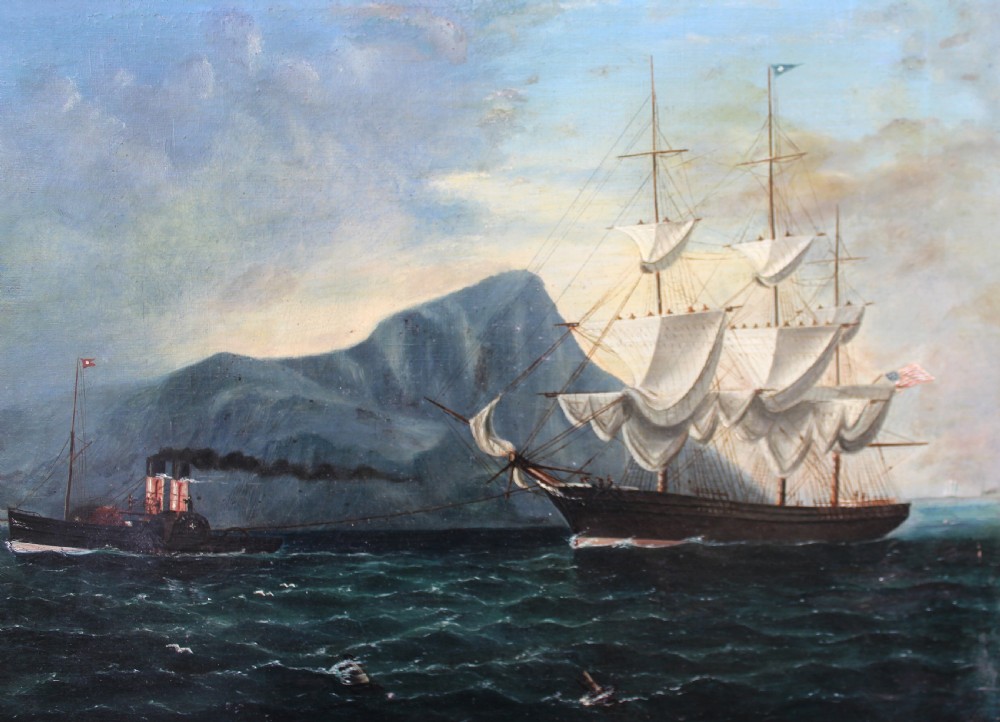 An oil painting depicting a tall sailing ship and a steamship near Gibraltar within an ornate gilt frame. View V