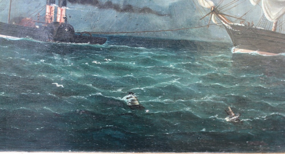 An oil painting depicting a tall sailing ship and a steamship near Gibraltar within an ornate gilt frame. View VI