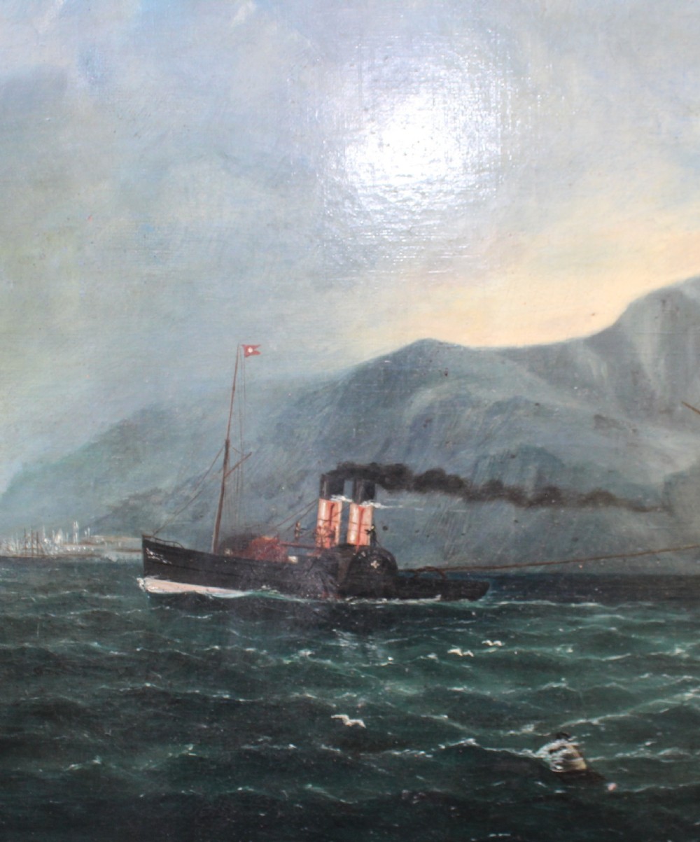 An oil painting depicting a tall sailing ship and a steamship near Gibraltar within an ornate gilt frame. View VII