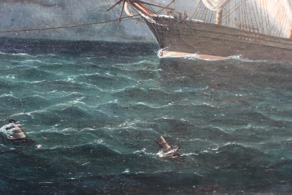 An oil painting depicting a tall sailing ship and a steamship near Gibraltar within an ornate gilt frame. View VIII