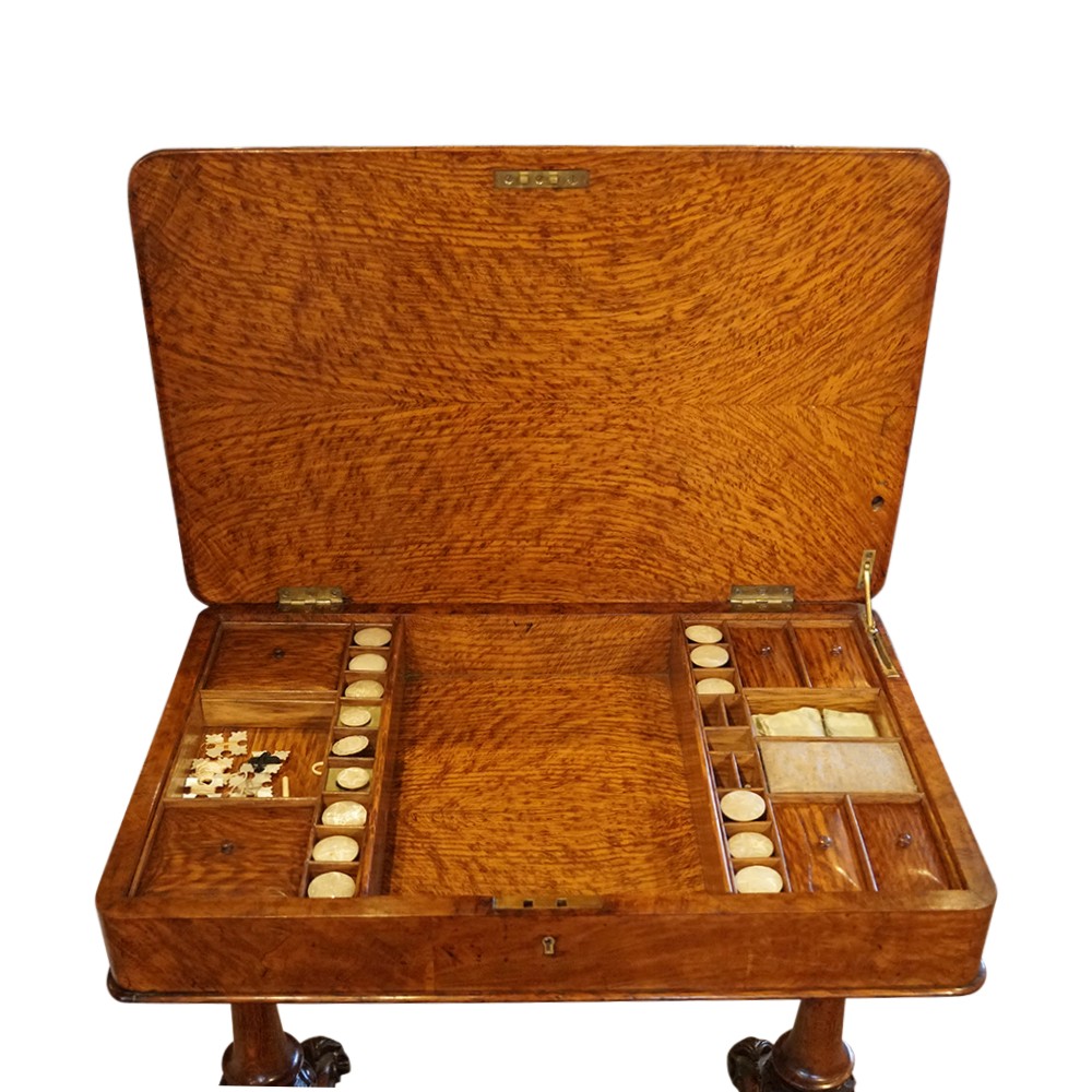 A Victorian pollard oak work table featuring a highly figured rectangular top, a single drawer with keyhole, and carved turned legs. View VII