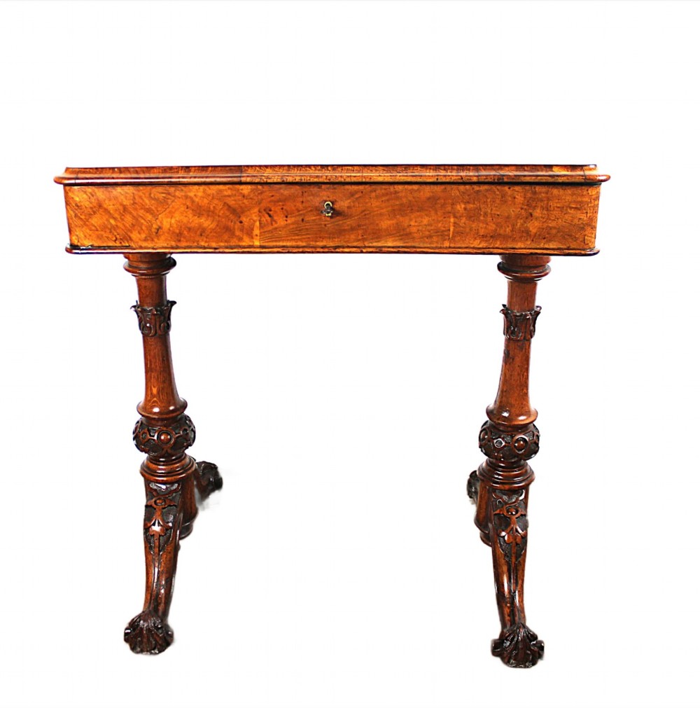 A Victorian pollard oak work table featuring a highly figured rectangular top, a single drawer with keyhole, and carved turned legs. View VIII