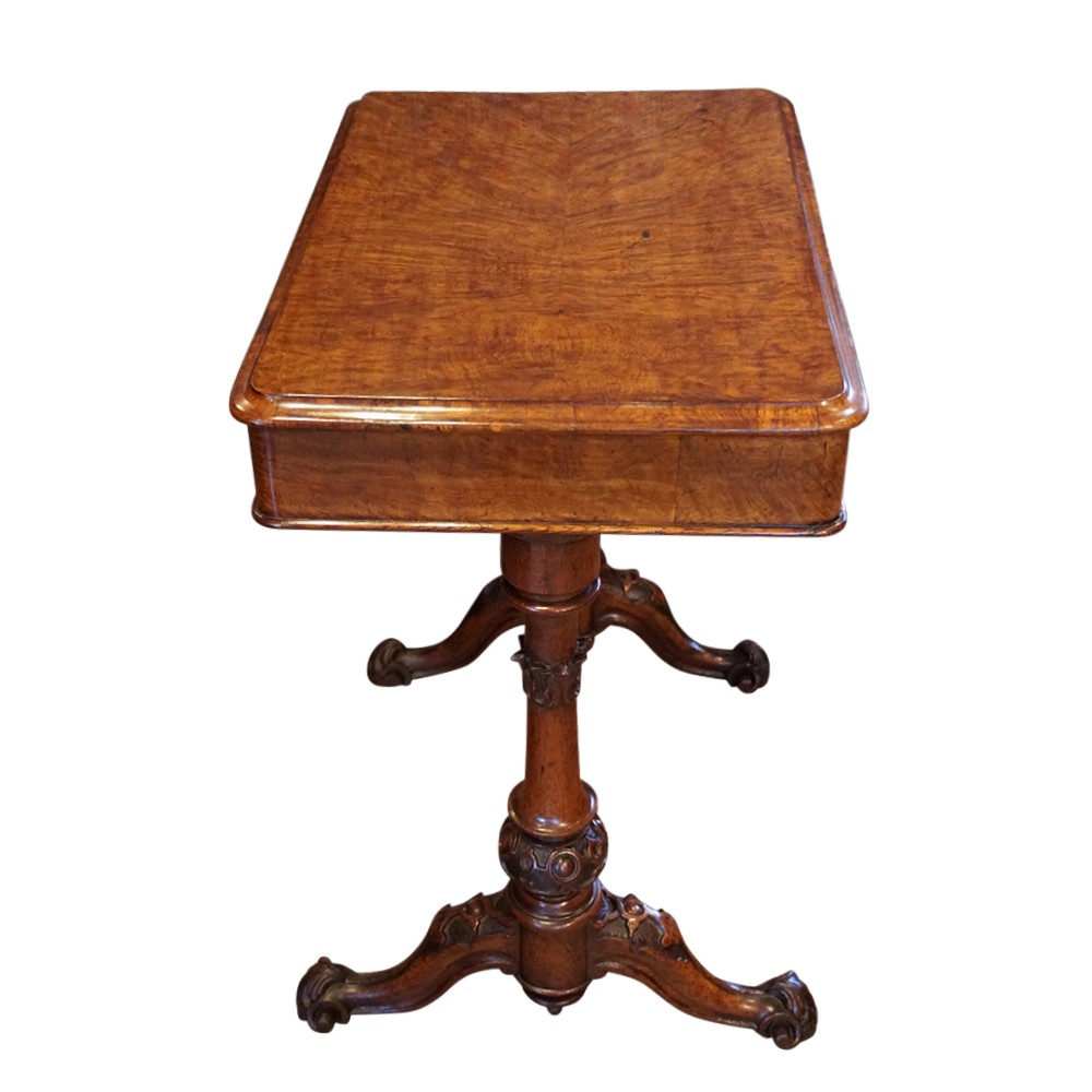 A Victorian pollard oak work table featuring a highly figured rectangular top, a single drawer with keyhole, and carved turned legs. View IX