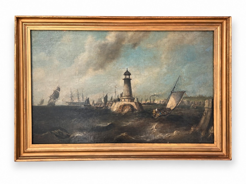 A 19th-century maritime oil painting in a gilt frame depicting Plymouth Breakwater Lighthouse and Royal Navy ships on turbulent seas.