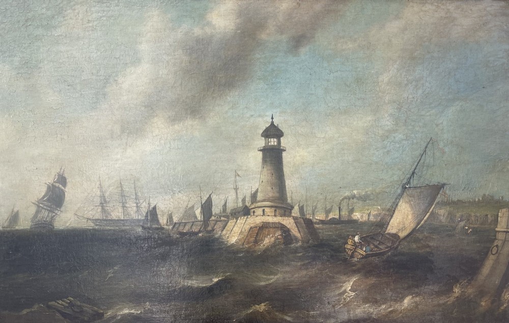 A 19th-century maritime oil painting in a gilt frame depicting Plymouth Breakwater Lighthouse and Royal Navy ships on turbulent seas. View II