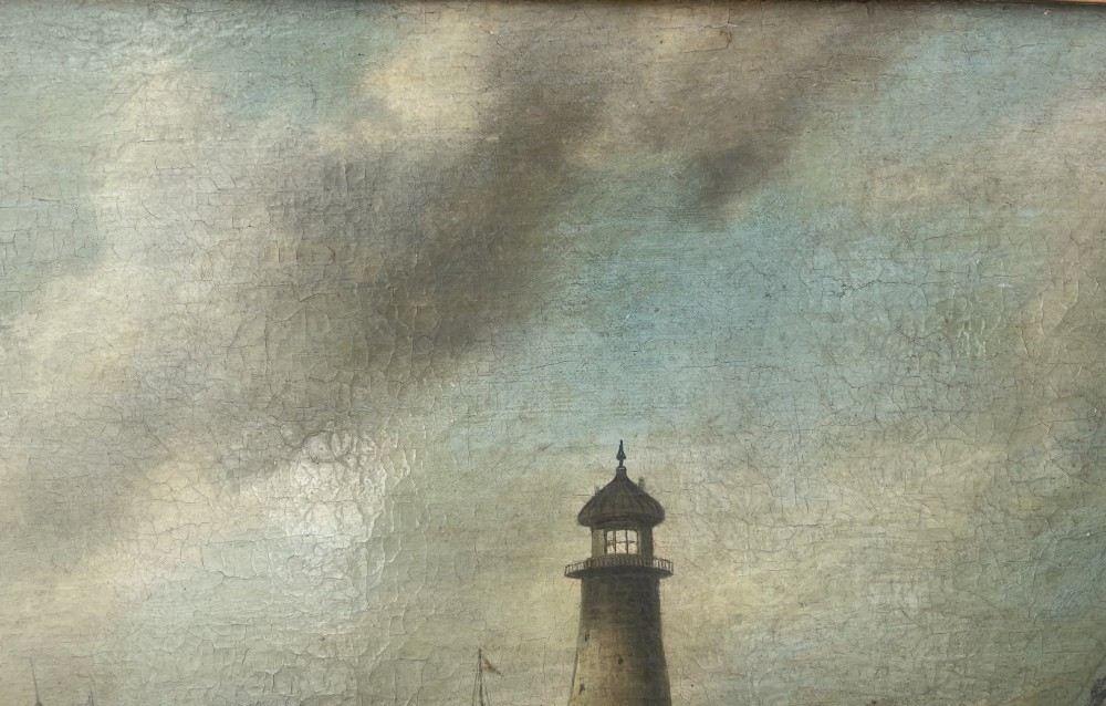 A 19th-century maritime oil painting in a gilt frame depicting Plymouth Breakwater Lighthouse and Royal Navy ships on turbulent seas. View III