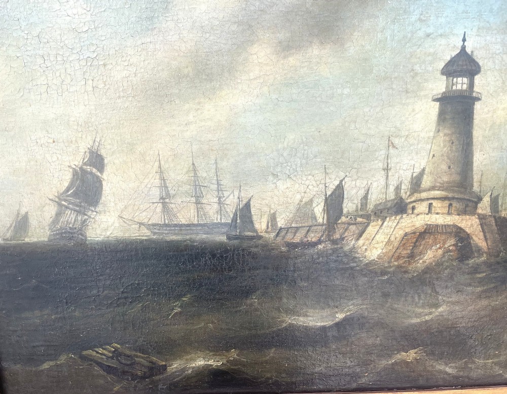 A 19th-century maritime oil painting in a gilt frame depicting Plymouth Breakwater Lighthouse and Royal Navy ships on turbulent seas. View IV
