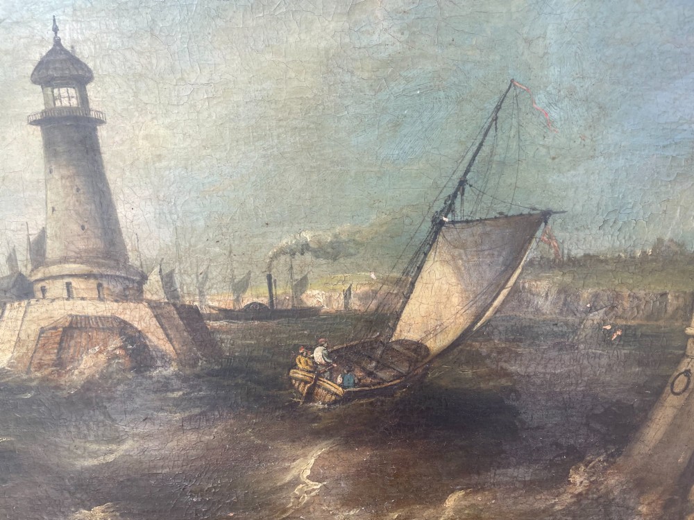 A 19th-century maritime oil painting in a gilt frame depicting Plymouth Breakwater Lighthouse and Royal Navy ships on turbulent seas. View VI