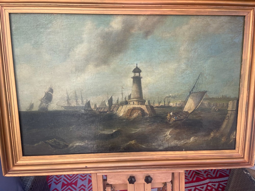 A 19th-century maritime oil painting in a gilt frame depicting Plymouth Breakwater Lighthouse and Royal Navy ships on turbulent seas. View VII