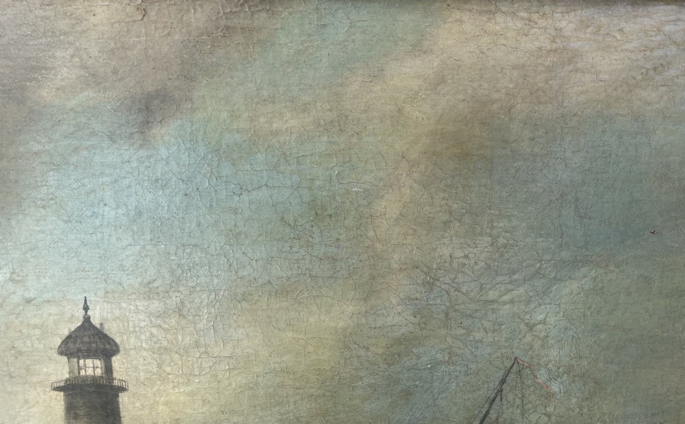 A 19th-century maritime oil painting in a gilt frame depicting Plymouth Breakwater Lighthouse and Royal Navy ships on turbulent seas. View XI