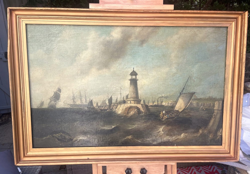 A 19th-century maritime oil painting in a gilt frame depicting Plymouth Breakwater Lighthouse and Royal Navy ships on turbulent seas. View XIII