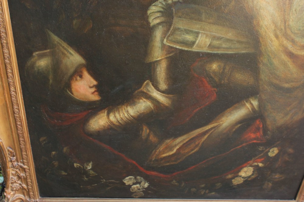 A large vertical Pre-Raphaelite oil painting depicting a knight in armour gazing up at a woman, set within an ornate carved gilt frame. View IV