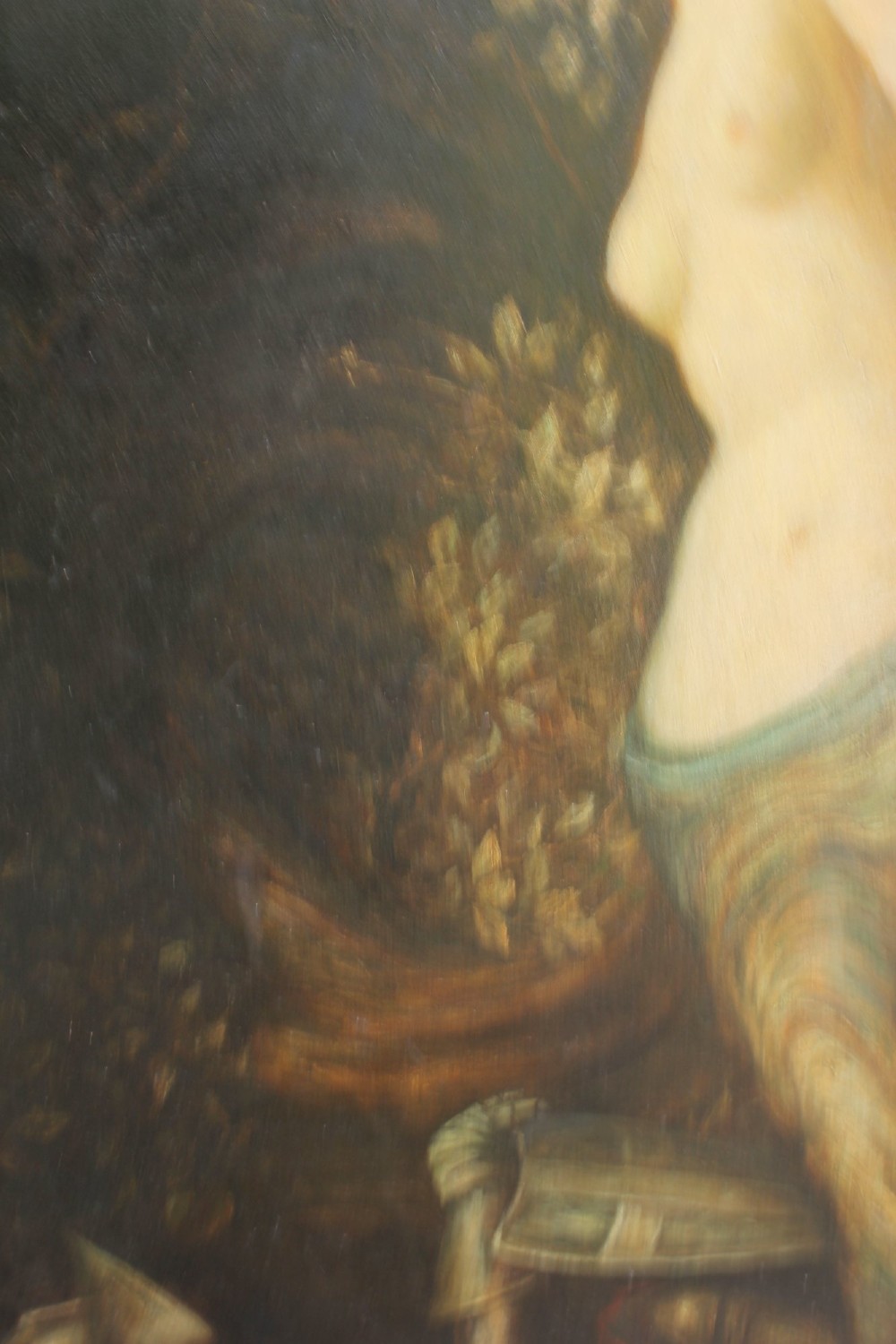 A large vertical Pre-Raphaelite oil painting depicting a knight in armour gazing up at a woman, set within an ornate carved gilt frame. View V