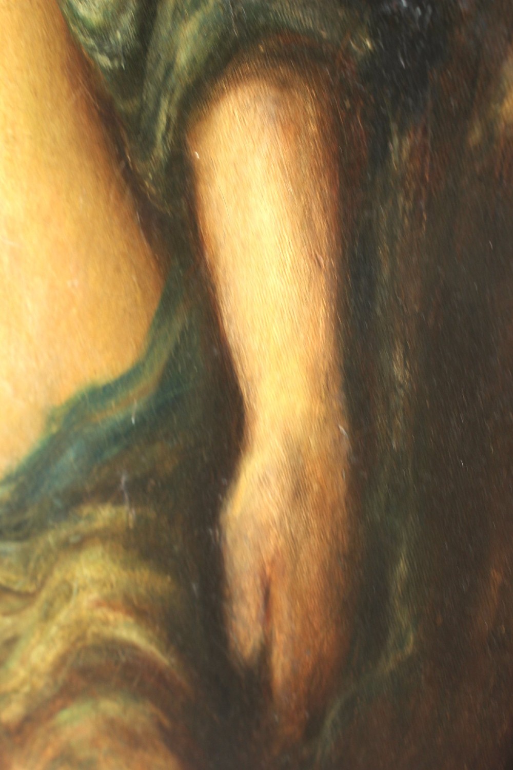 A large vertical Pre-Raphaelite oil painting depicting a knight in armour gazing up at a woman, set within an ornate carved gilt frame. View VII