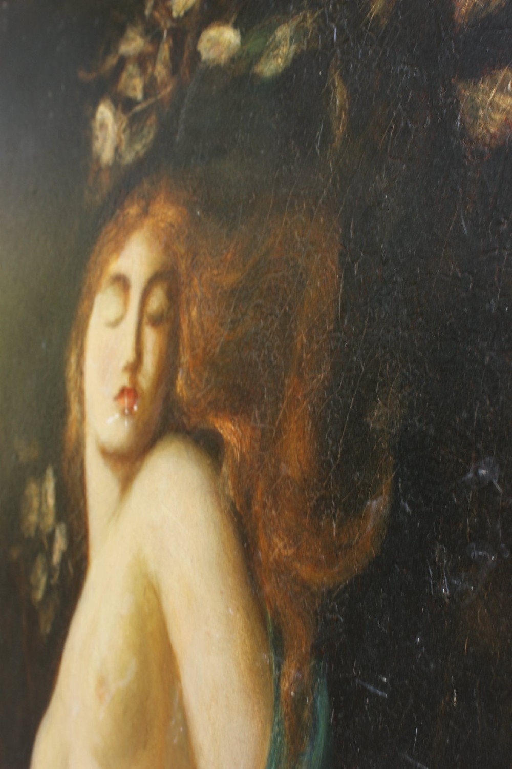 A large vertical Pre-Raphaelite oil painting depicting a knight in armour gazing up at a woman, set within an ornate carved gilt frame. View VIII