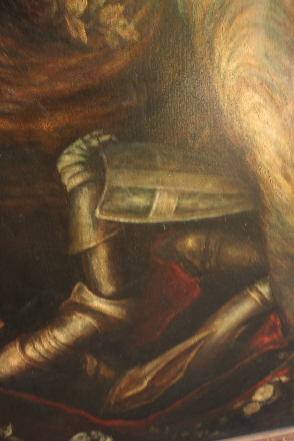 A large vertical Pre-Raphaelite oil painting depicting a knight in armour gazing up at a woman, set within an ornate carved gilt frame. View IX