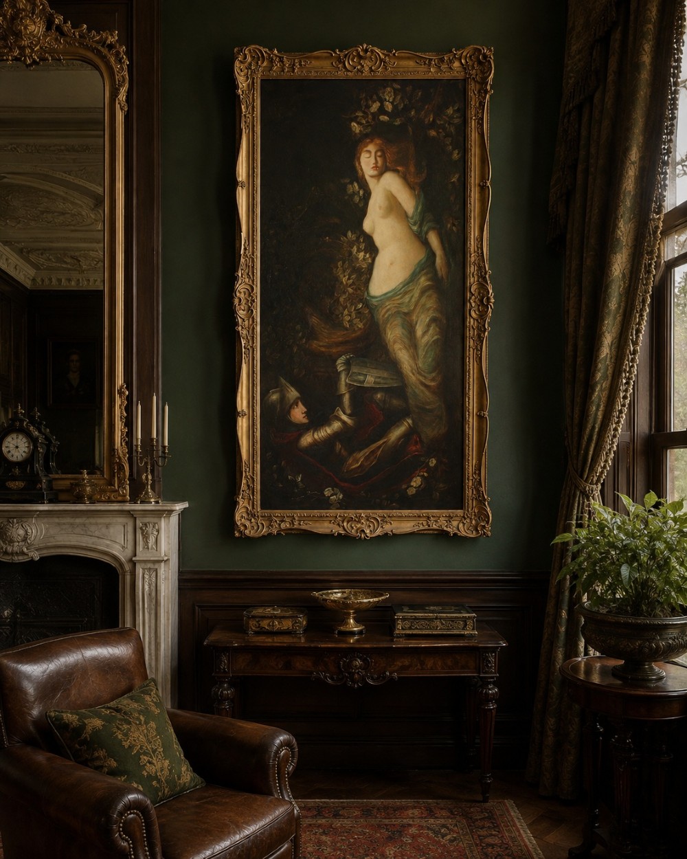 A large vertical Pre-Raphaelite oil painting depicting a knight in armour gazing up at a woman, set within an ornate carved gilt frame. View XII