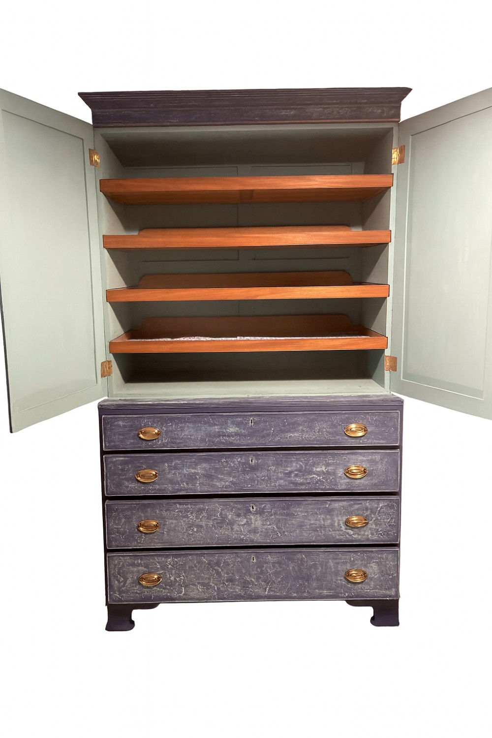 A tall 19th-century Regency linen press featuring a distressed blue painted finish, two upper cupboard doors, and four lower drawers with brass handles. View II