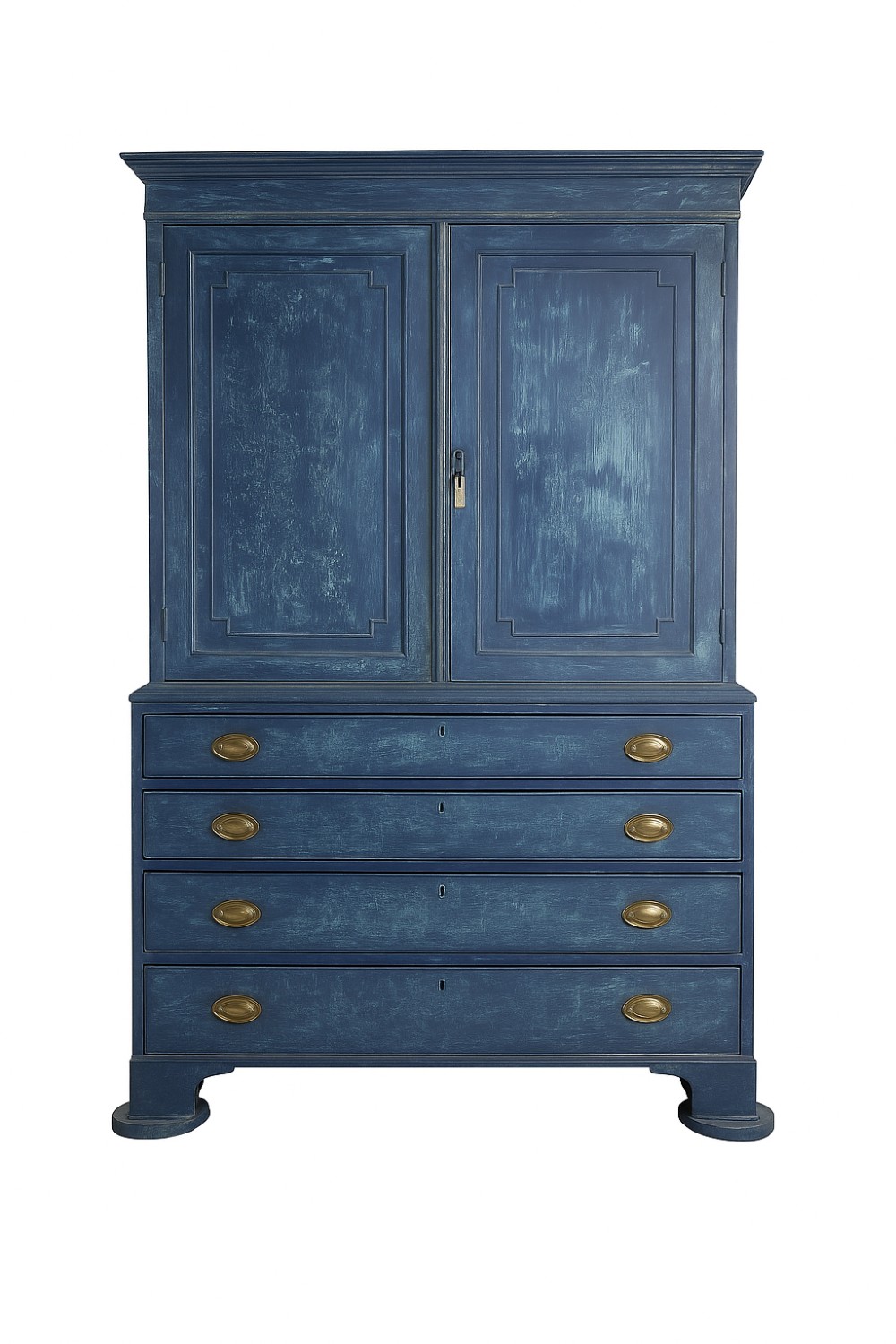 A tall 19th-century Regency linen press featuring a distressed blue painted finish, two upper cupboard doors, and four lower drawers with brass handles.