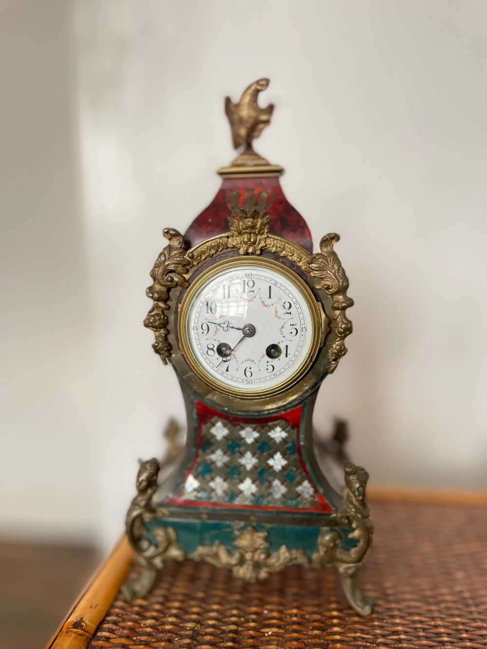 A Victorian Brass Boulle Inlaid Tortoiseshell Mantel Clock View III