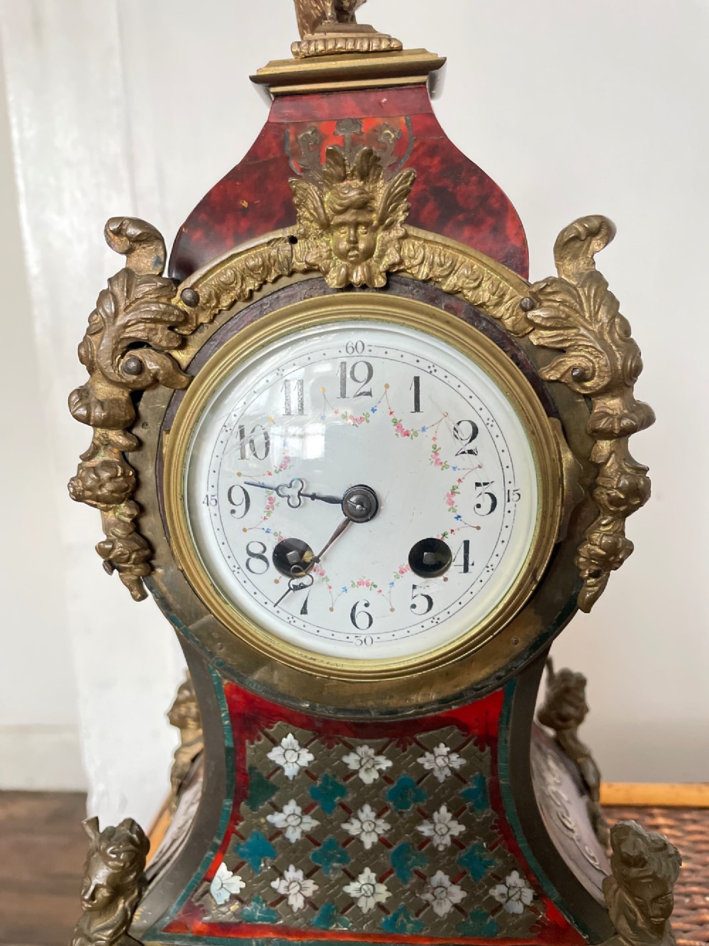 A Victorian Brass Boulle Inlaid Tortoiseshell Mantel Clock View IV