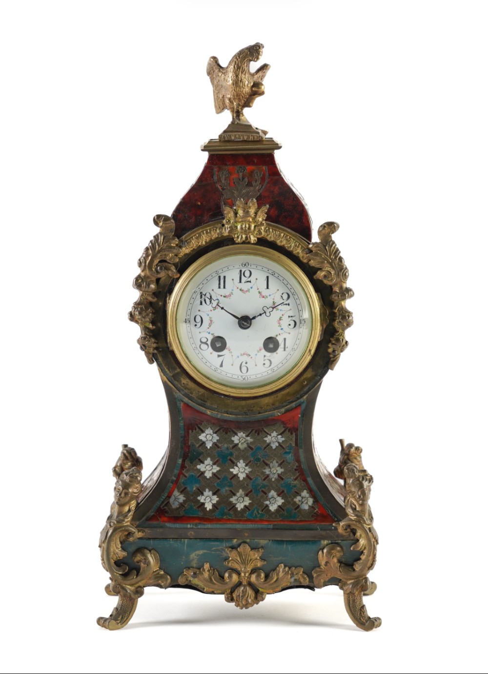 A Victorian Brass Boulle Inlaid Tortoiseshell Mantel Clock