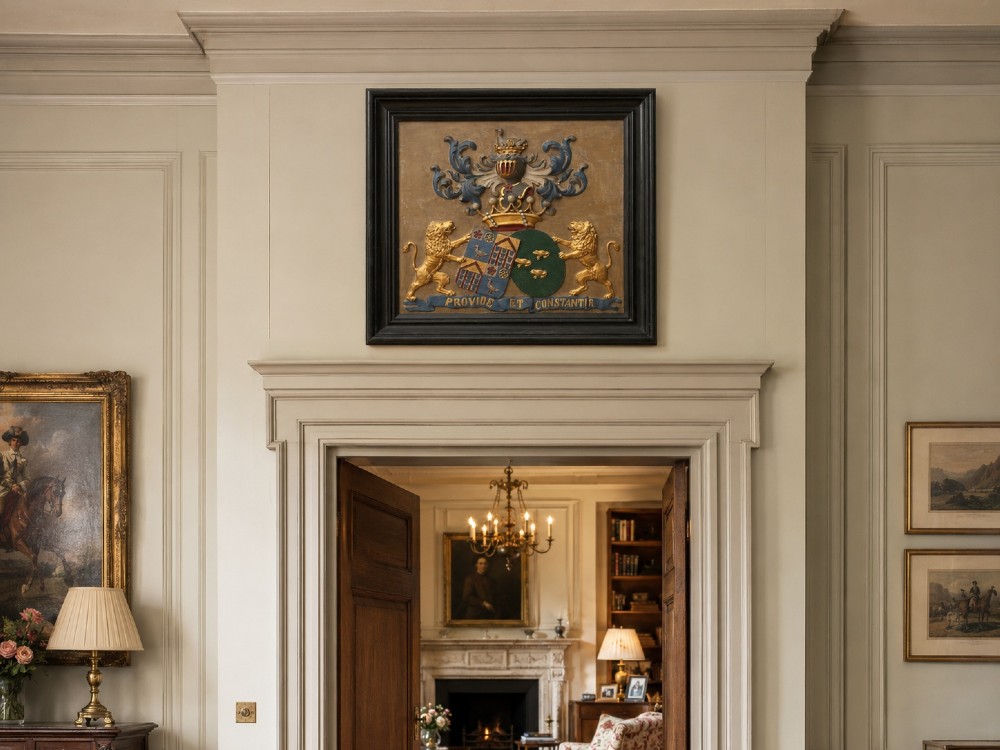 A framed 19th-century Dutch heraldic marriage plaque depicting two carved gilt lion supporters holding alliance coats of arms under a helmet crest and motto banner. View XI