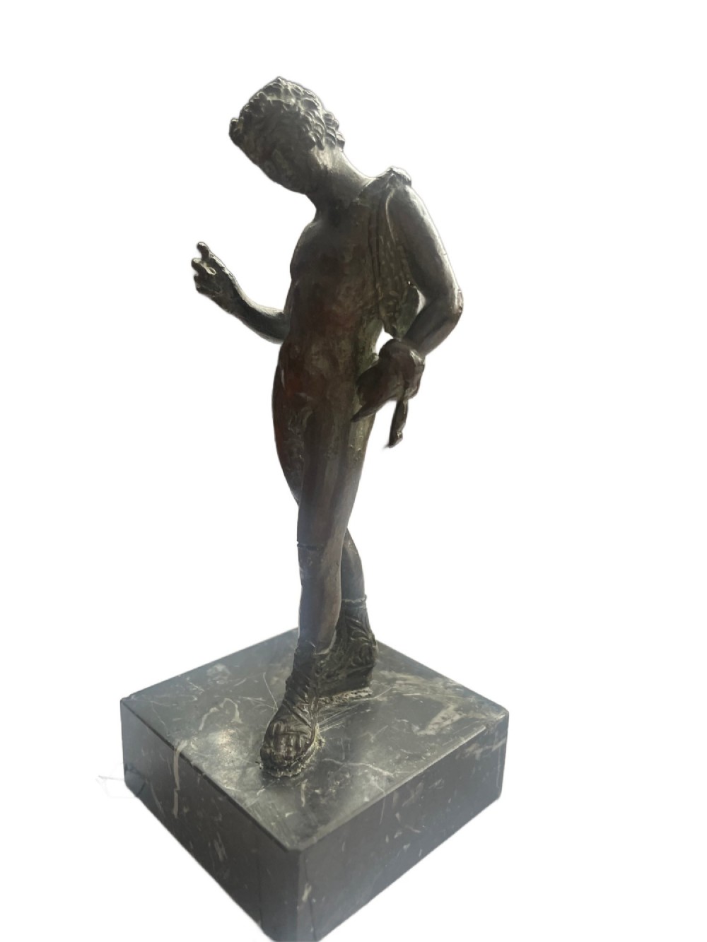 A 19th-century Neapolitan dark patinated bronze statue of Narcissus set upon a square black fossil marble base. View II