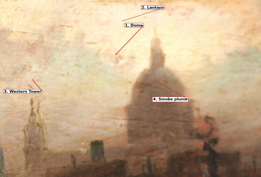 An early 19th-century oil painting depicting a hazy River Thames scene with St Pauls Cathedral in the background, housed in a deep gilded frame. View X