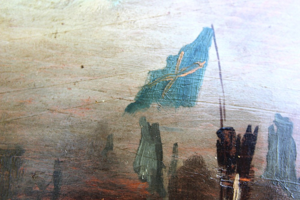 An early 19th-century oil painting depicting a hazy River Thames scene with St Pauls Cathedral in the background, housed in a deep gilded frame. View XI