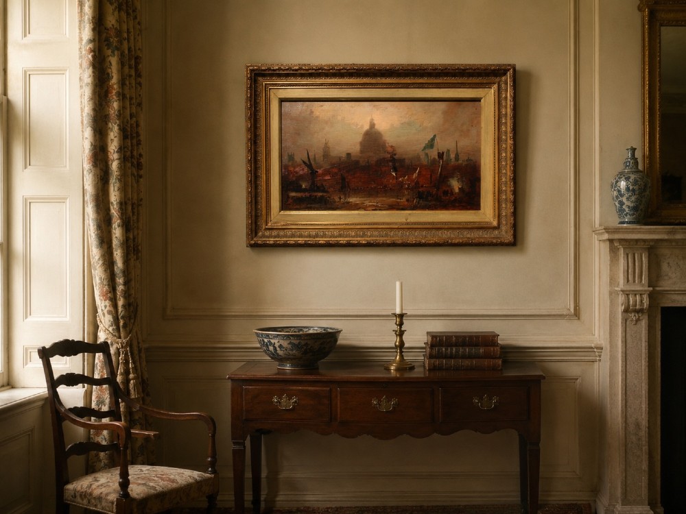 An early 19th-century oil painting depicting a hazy River Thames scene with St Pauls Cathedral in the background, housed in a deep gilded frame. View XIII