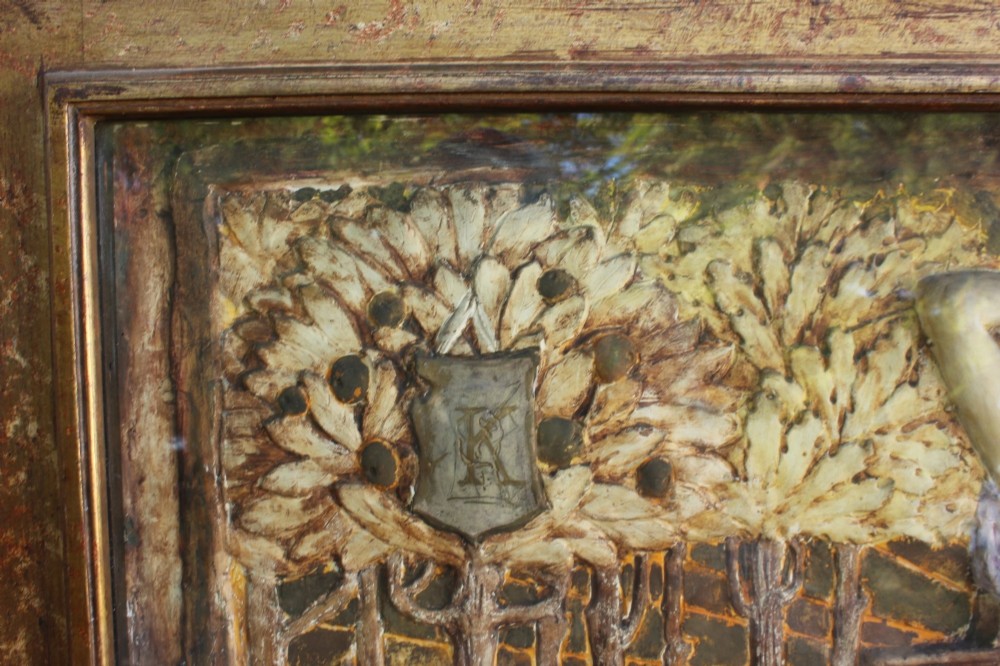 A rectangular Arts and Crafts polychrome plaster relief featuring a central classical figure framed by trees and inscribed Ave Epicurus within a gilt frame. View IV