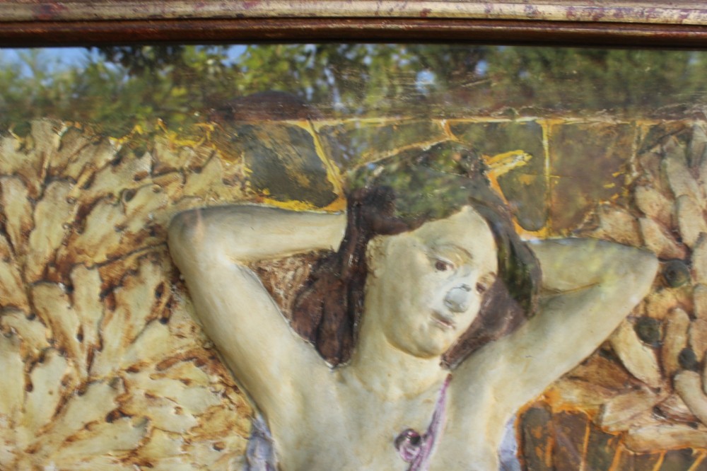 A rectangular Arts and Crafts polychrome plaster relief featuring a central classical figure framed by trees and inscribed Ave Epicurus within a gilt frame. View VI