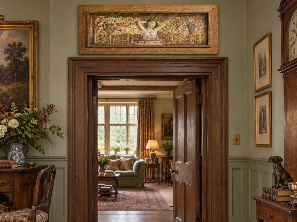 A rectangular Arts and Crafts polychrome plaster relief featuring a central classical figure framed by trees and inscribed Ave Epicurus within a gilt frame. View VIII