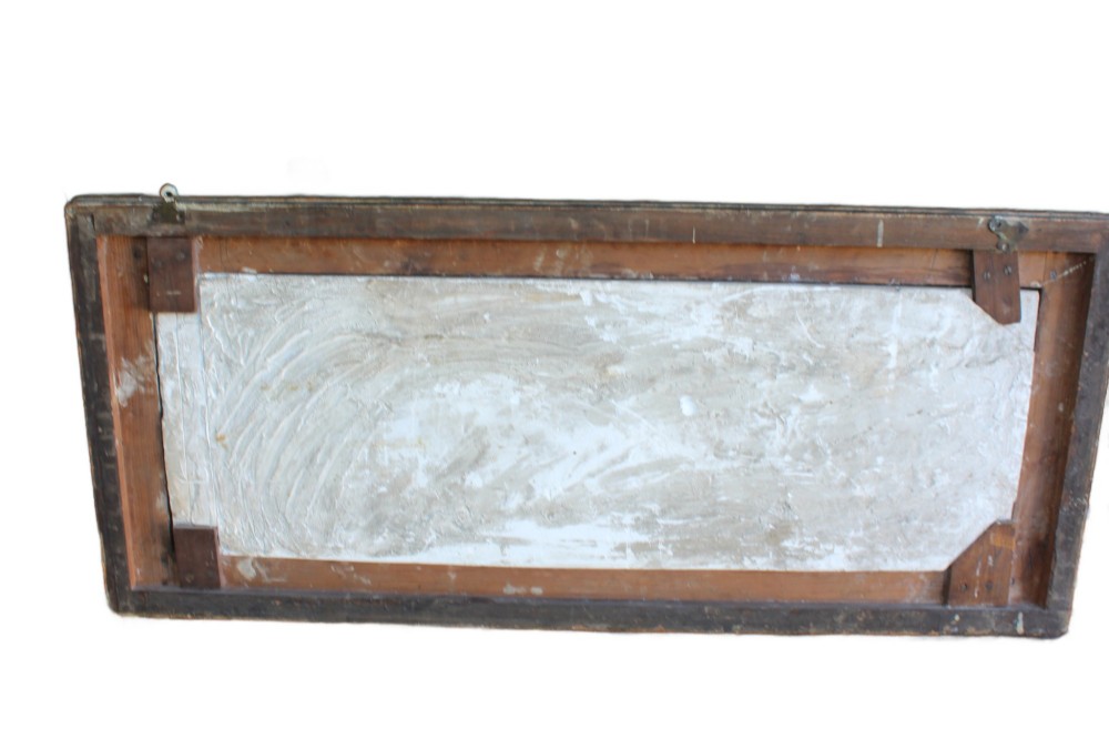 A rectangular Arts and Crafts polychrome plaster relief featuring a central classical figure framed by trees and inscribed Ave Epicurus within a gilt frame. View IX