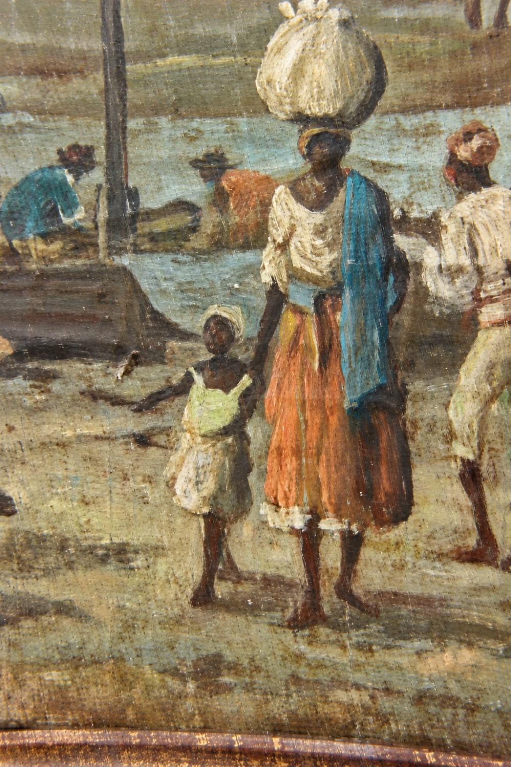 An early nineteenth-century octagonal oil painting depicting a harbour scene in Rio de Janeiro, housed in a moulded gilt and ebonised wooden frame. View IV