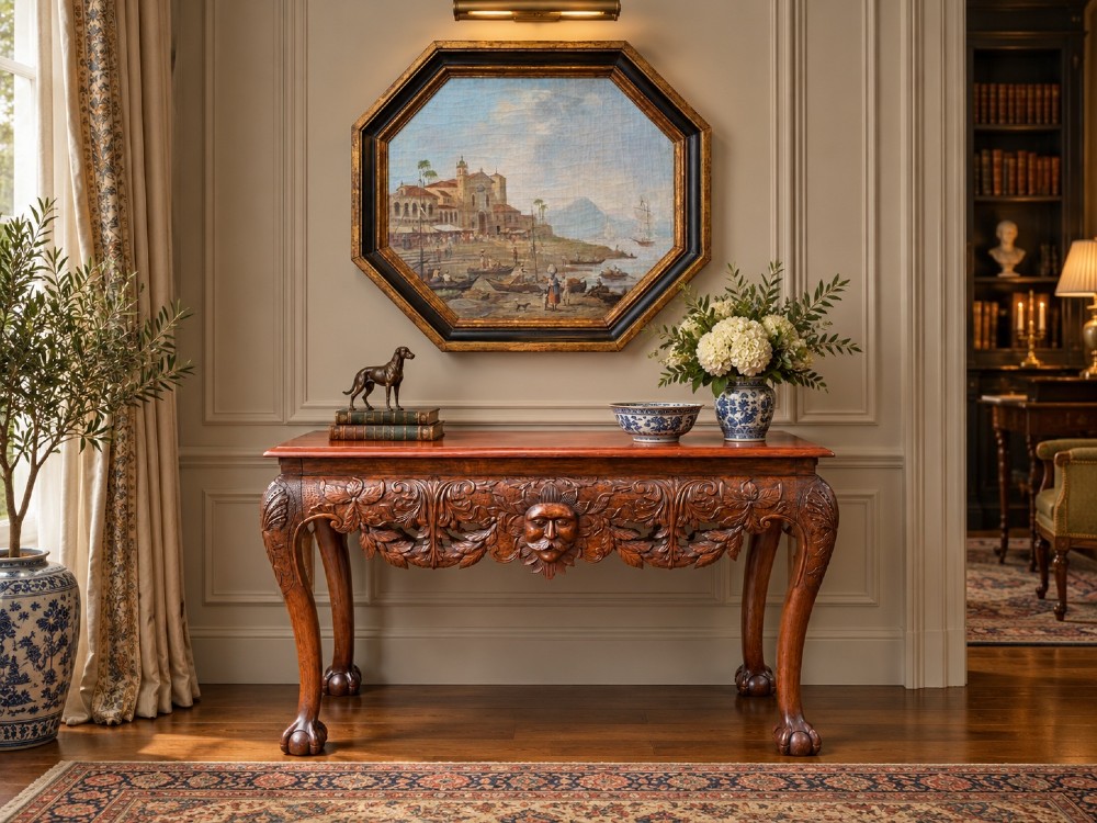 An early nineteenth-century octagonal oil painting depicting a harbour scene in Rio de Janeiro, housed in a moulded gilt and ebonised wooden frame. View VII