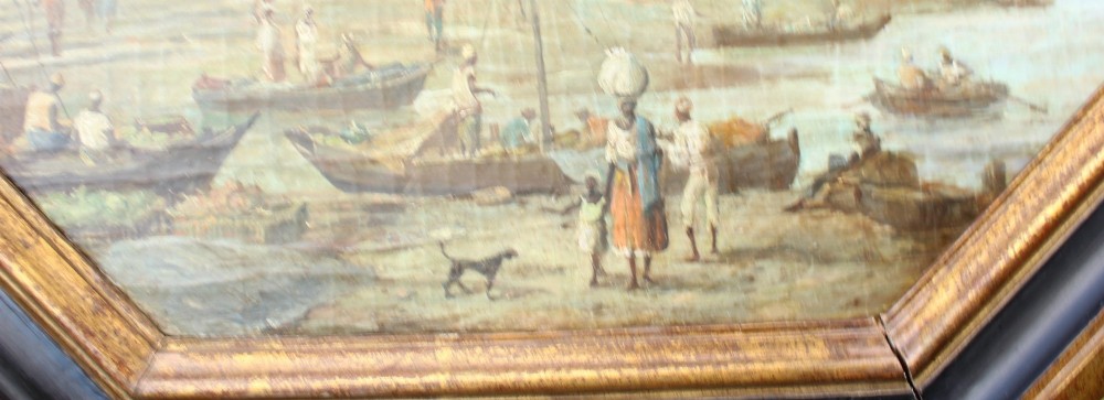 An early nineteenth-century octagonal oil painting depicting a harbour scene in Rio de Janeiro, housed in a moulded gilt and ebonised wooden frame. View VIII