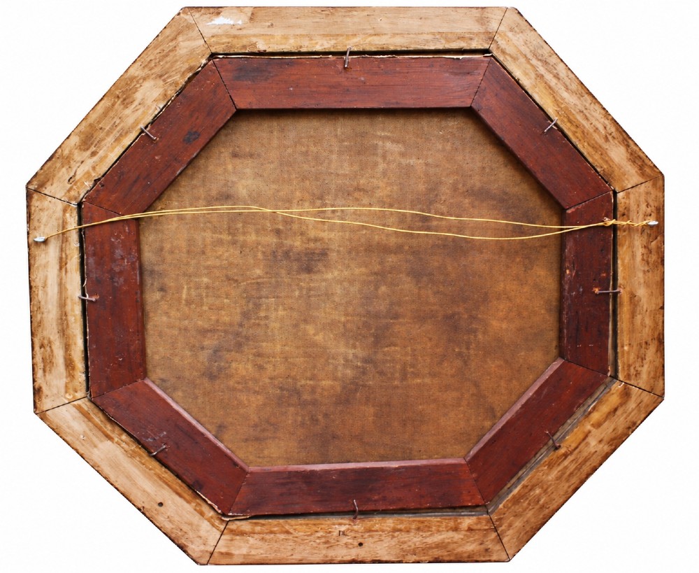 An early nineteenth-century octagonal oil painting depicting a harbour scene in Rio de Janeiro, housed in a moulded gilt and ebonised wooden frame. View X