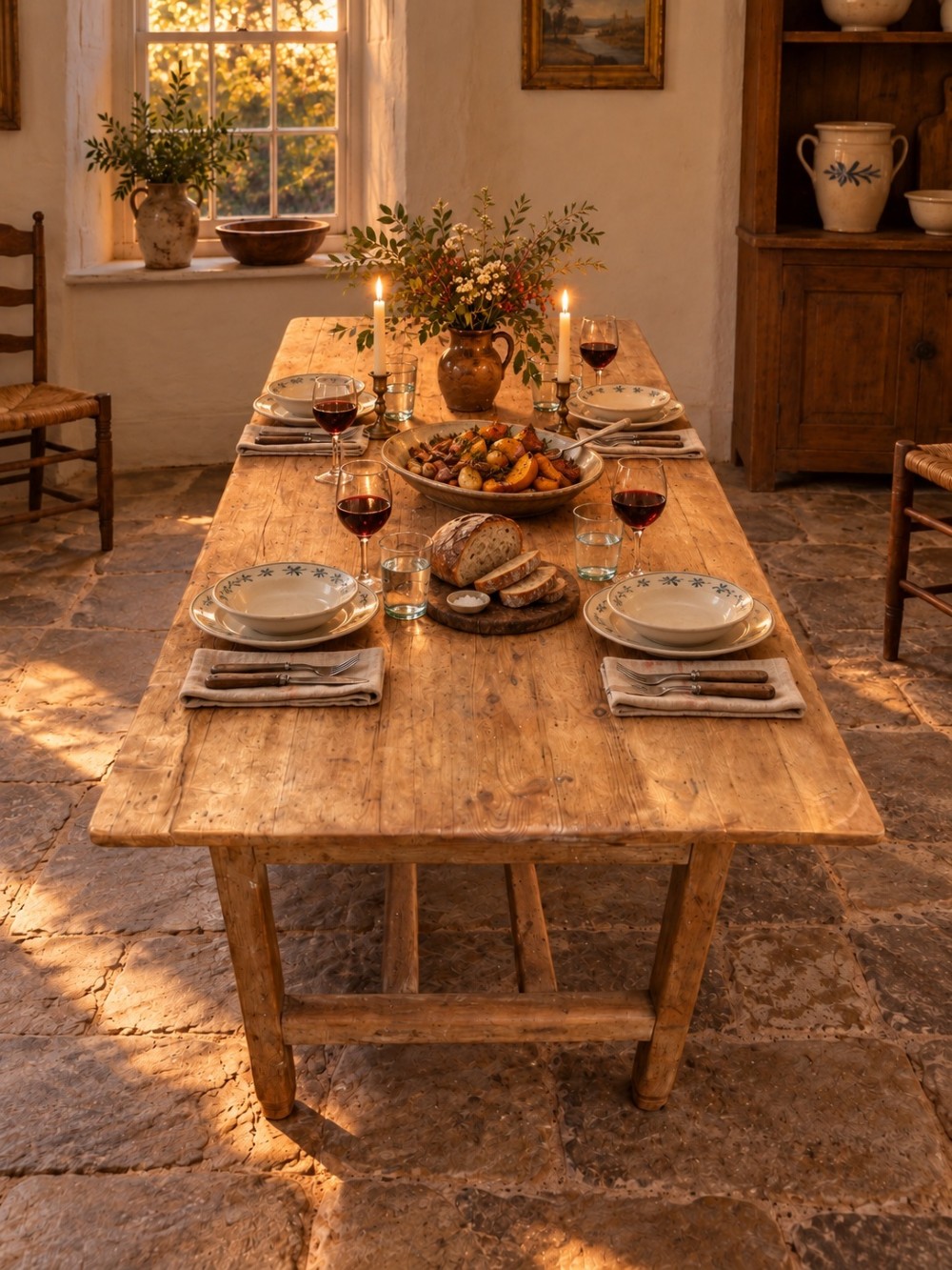 A 19th century rectangular Irish pine farmhouse table featuring square legs, lower H-stretchers, and a warm timber finish. View V