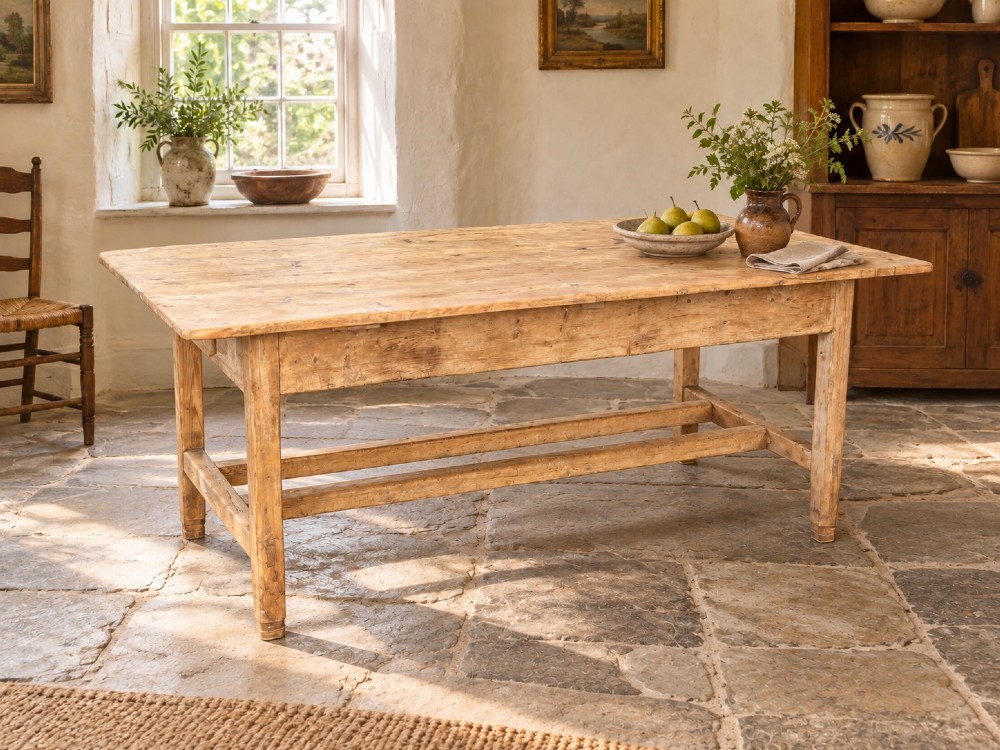 A 19th century rectangular Irish pine farmhouse table featuring square legs, lower H-stretchers, and a warm timber finish. View VI
