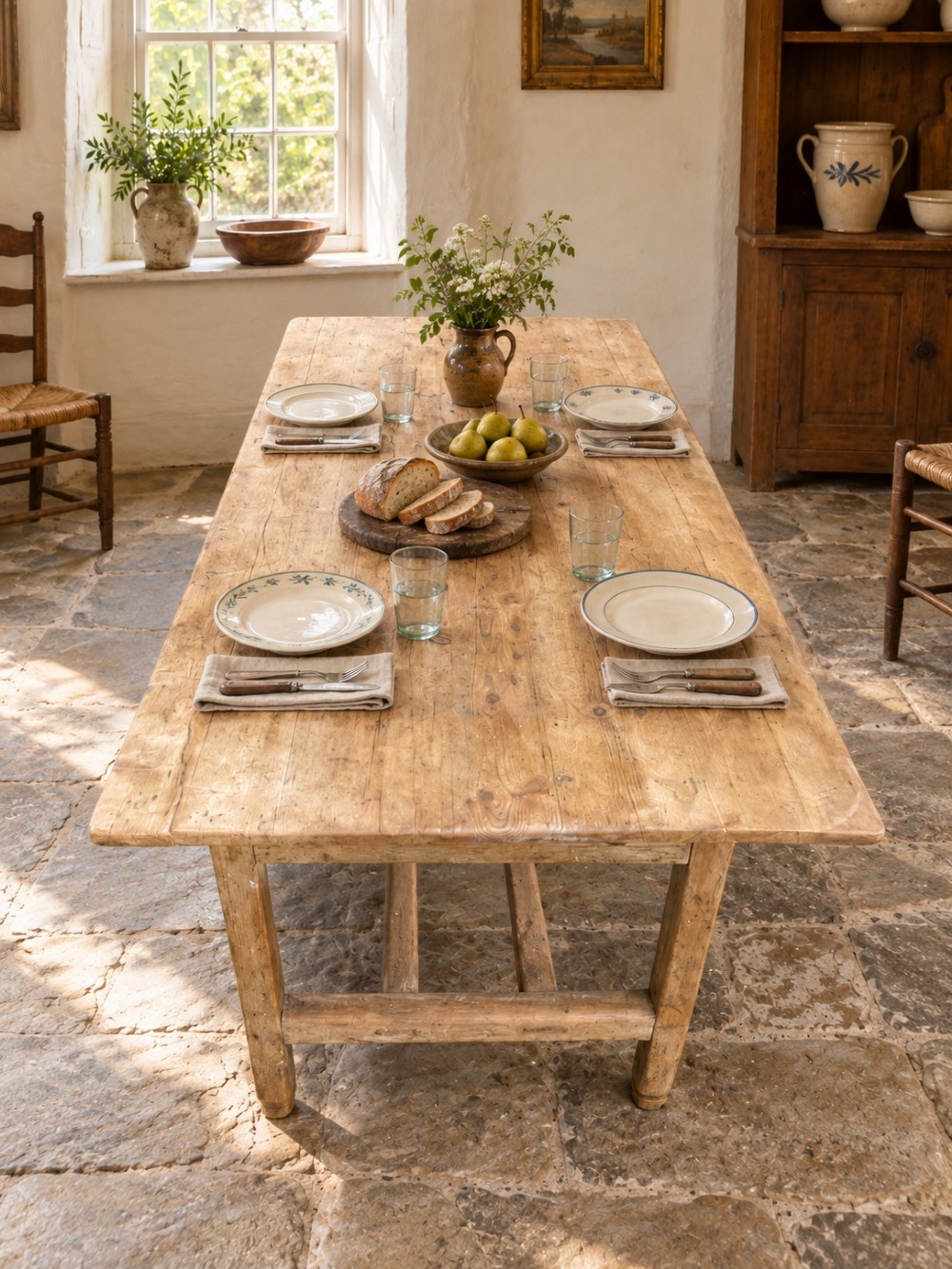 A 19th century rectangular Irish pine farmhouse table featuring square legs, lower H-stretchers, and a warm timber finish. View VII