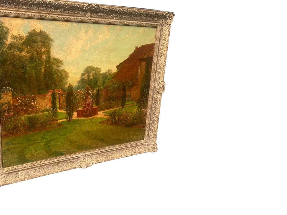 An antique oil painting depicting a woman seated in a walled garden surrounded by trees and a country house, set in an ornate gilded frame. View III