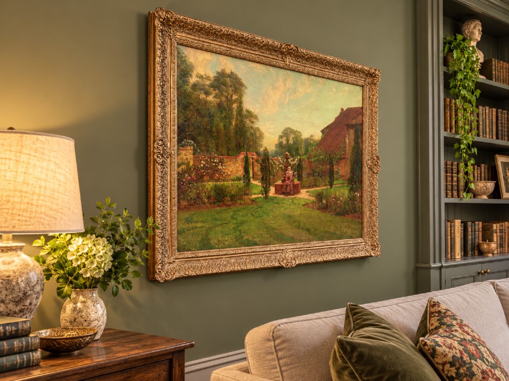 An antique oil painting depicting a woman seated in a walled garden surrounded by trees and a country house, set in an ornate gilded frame. View IV