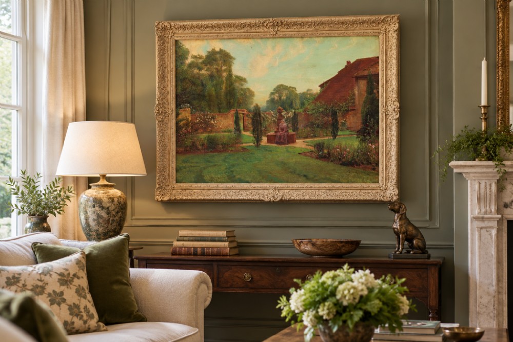 An antique oil painting depicting a woman seated in a walled garden surrounded by trees and a country house, set in an ornate gilded frame. View V
