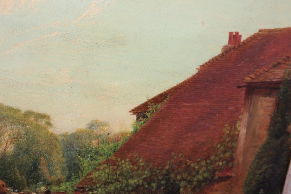 An antique oil painting depicting a woman seated in a walled garden surrounded by trees and a country house, set in an ornate gilded frame. View VIII